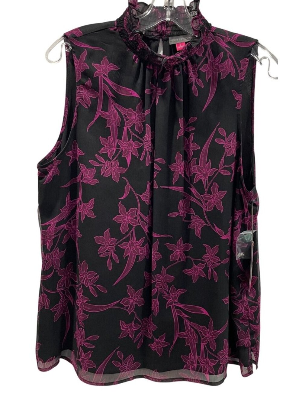 Vince Camuto Floral Sleeveless Smocked Mock Neck Blouse L Black Romantic Goth